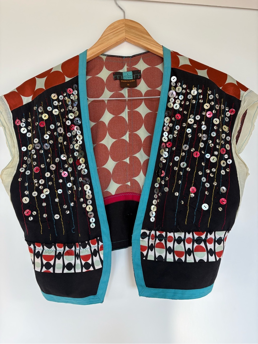 Embellished Mixed Fabric Patterned  Open-Front Vest with Turquoise Trim